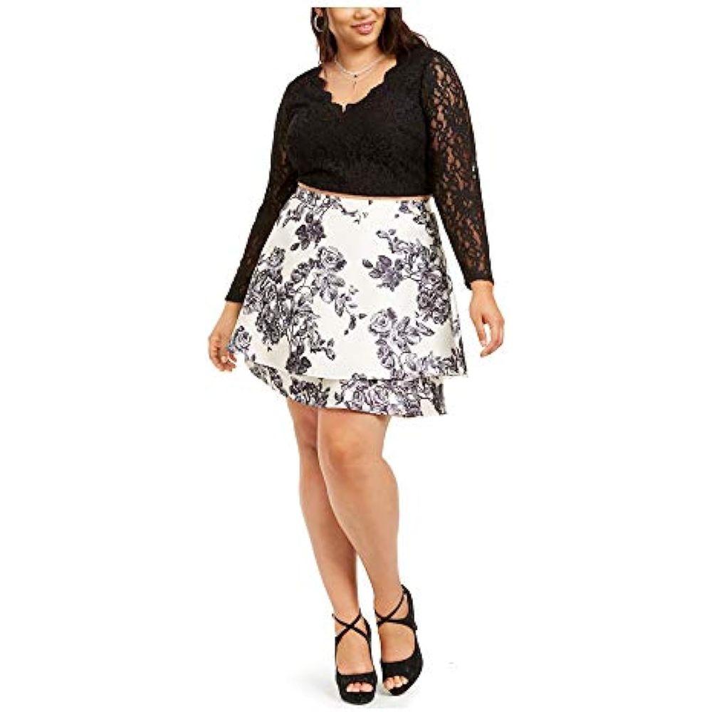 $109 City Studio Womens Floral Lace 2 PC Crop Top Dress Black-Ivory Black 18W